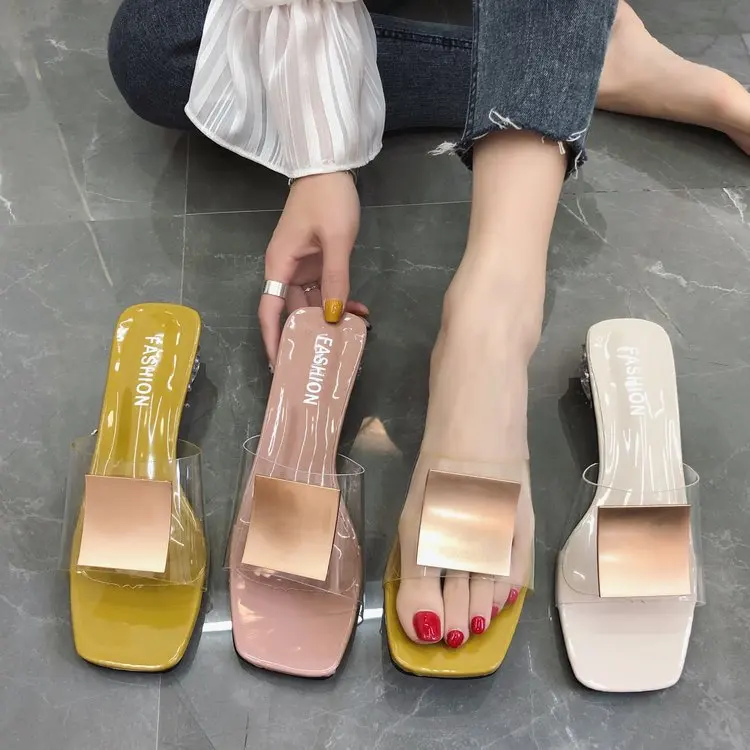 

new summer square head women's flip-flop square buckle transparent outside low heels, 3 colors