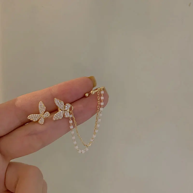 

trendy butterfly pearl cuff chain earrings women