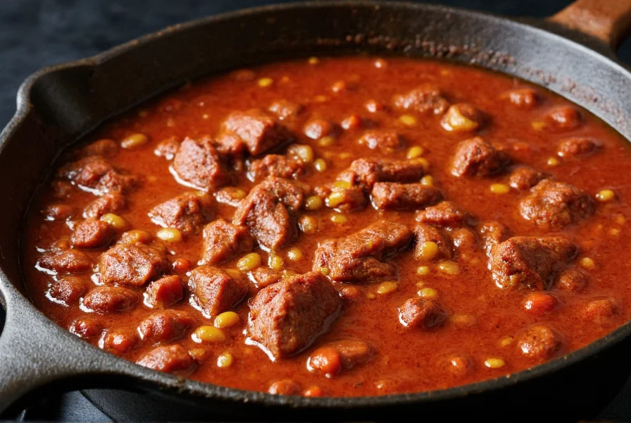 Beef brisket chili simmering in cast iron Dutch oven with visible meat chunks and rich red broth