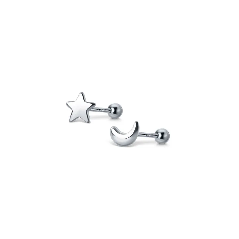 Minimalist Fashion 925 Sterling Silver Cute Asymmetrical Crescent Moon Star Screw Back Stud Earrings for Women Girls
