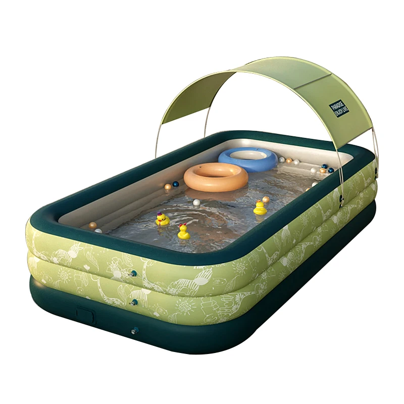 

New Arrival Automatic Inflatable Adult Swimming Pool Kids Lounge Pools 3 Rings Blow Up Pools With Canopy, Green