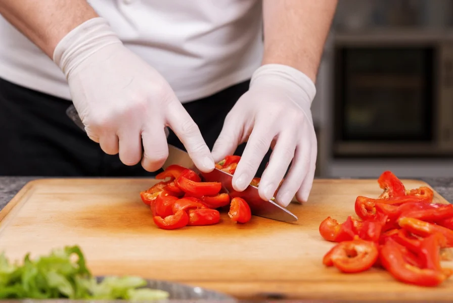 Chef wearing gloves while carefully chopping fresh red bird eye peppers on a cutting board