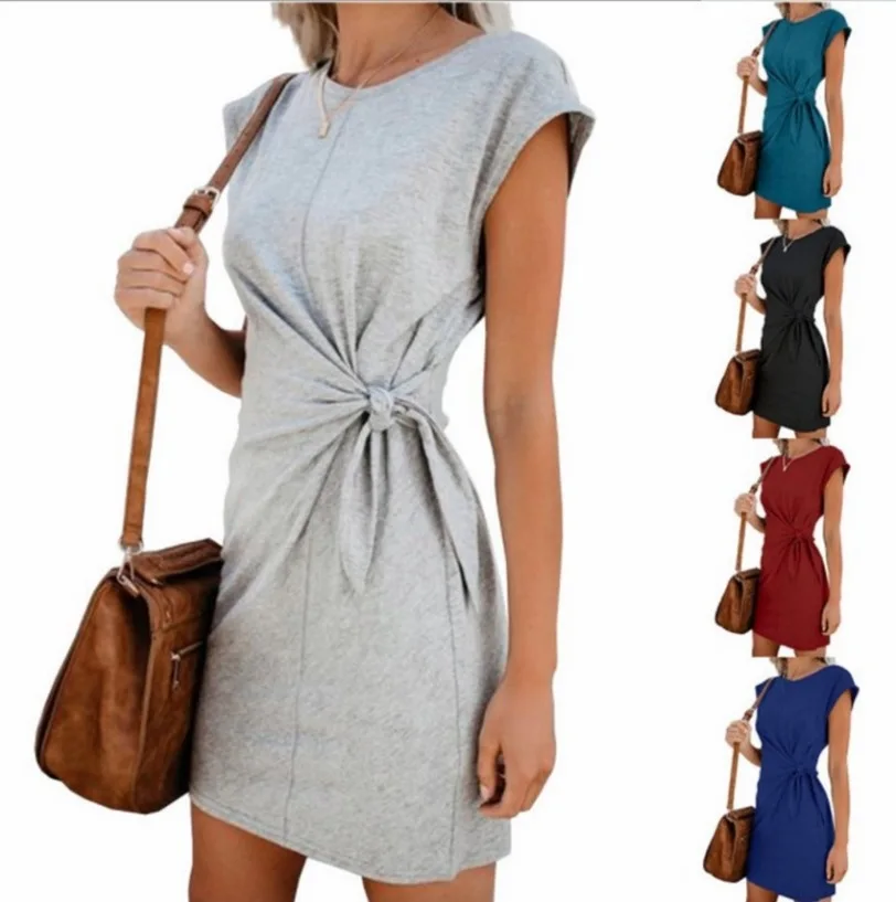 

Wholesale Amazon Wish Hot Sell Women Crew Neck Self Tie Knot Casual Mini Dress, Pink, wine red, gray, green, black, blue