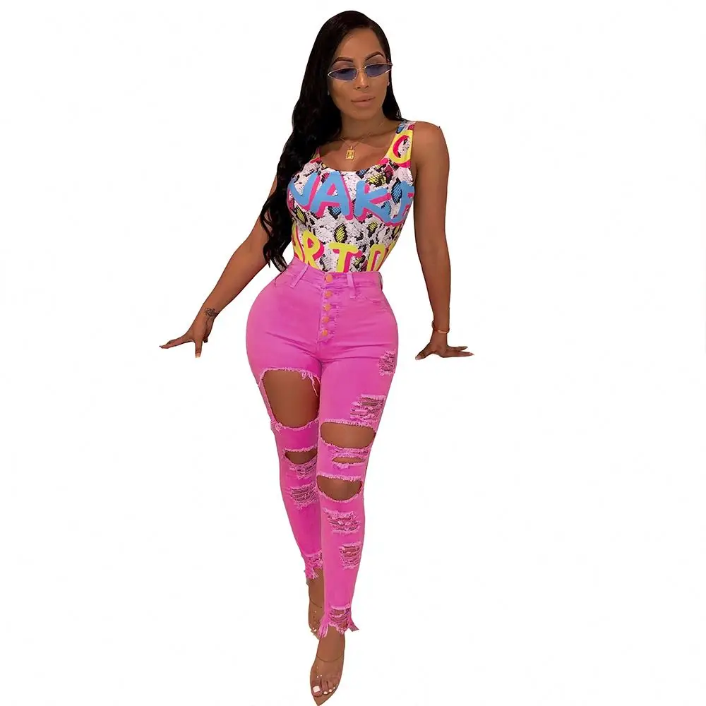 

2020 New Arrivals Sexy ladies multi-color washed ripped skinny denim jeans