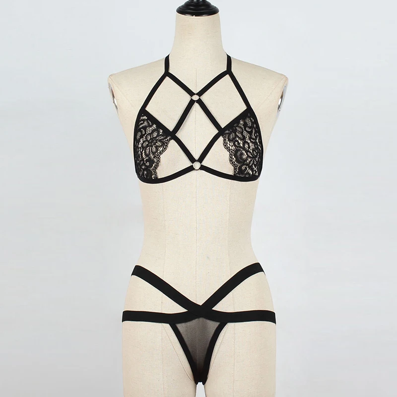 

Online Sale Simple Backless Utra Sexy Lingerie Thongs Three-point Women Black See-through One-piece Lace Swimsuit Sexy Lingerie