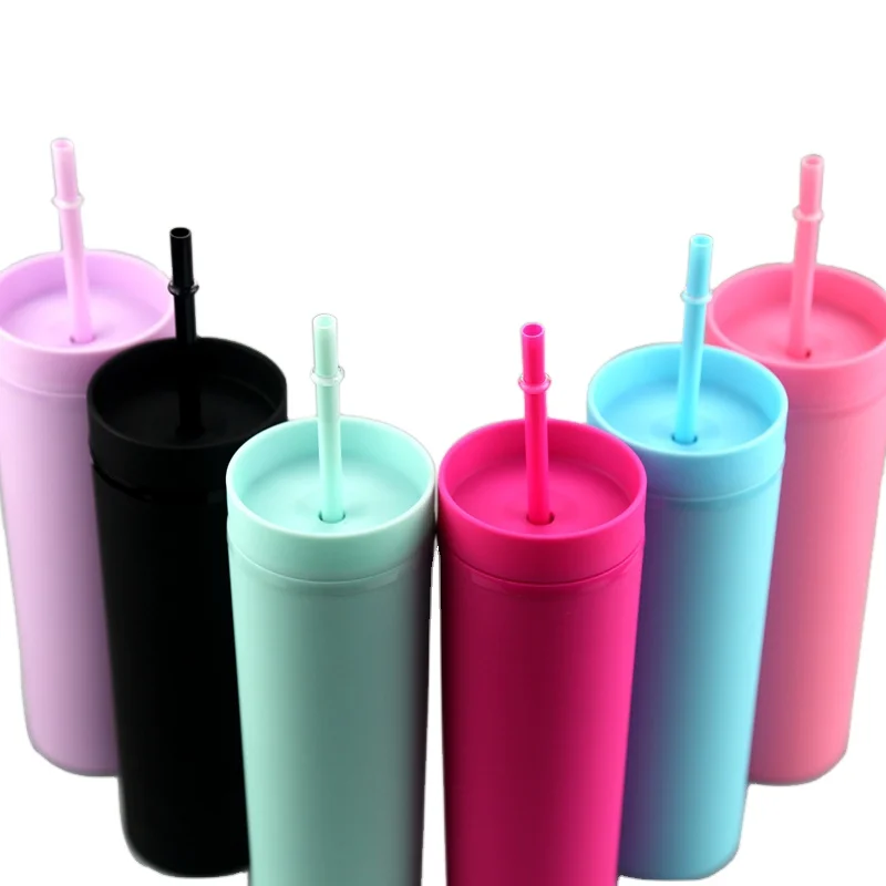 

In Bulk 16OZ Coffee & Water Drink Travel Mug Pack of 60 Double Wall Pastel Acrylic Plastic Matte Skinny Tumbler with Straws, Blue, black, pink, rose red, light green, light purple