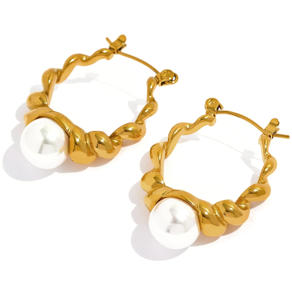 

JINYOU 1427 Bright Shell Pearl Metal Twist Stainless Steel Hoop Earrings 18k Gold Color Texture Unusual Charm Fashion Jewelry