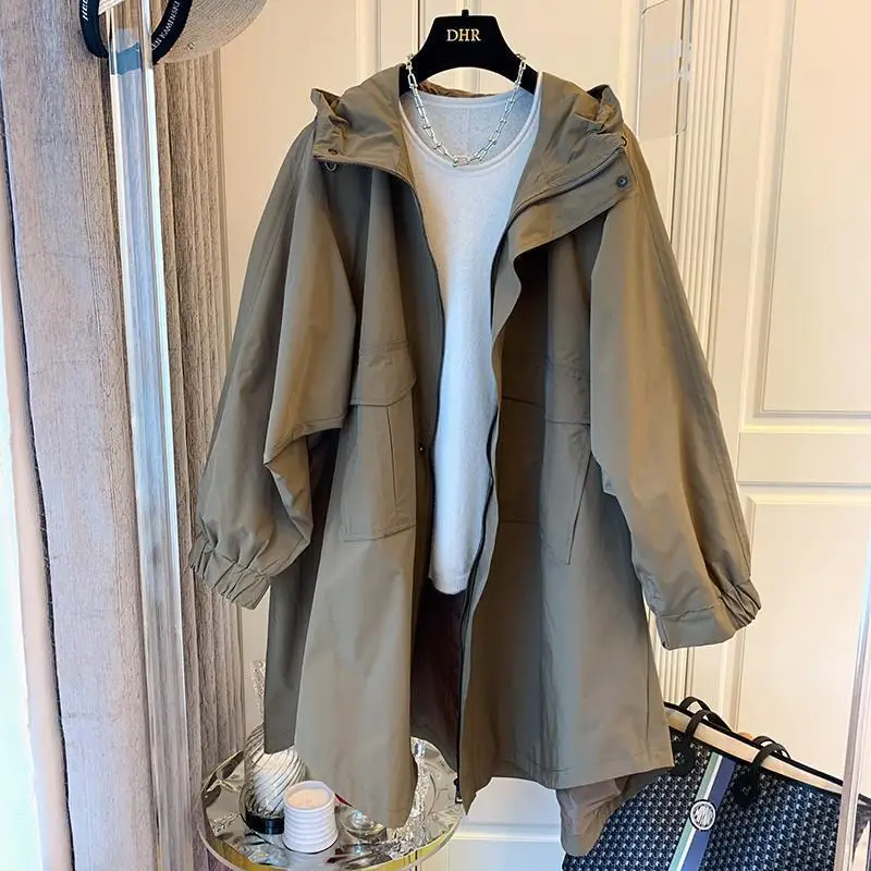 

Wholesale Casual Spring New 2022 Pocket Wild Cotton Hooded Ladies Windbreaker Solid Color Long Sleeve Women's Trench Coats