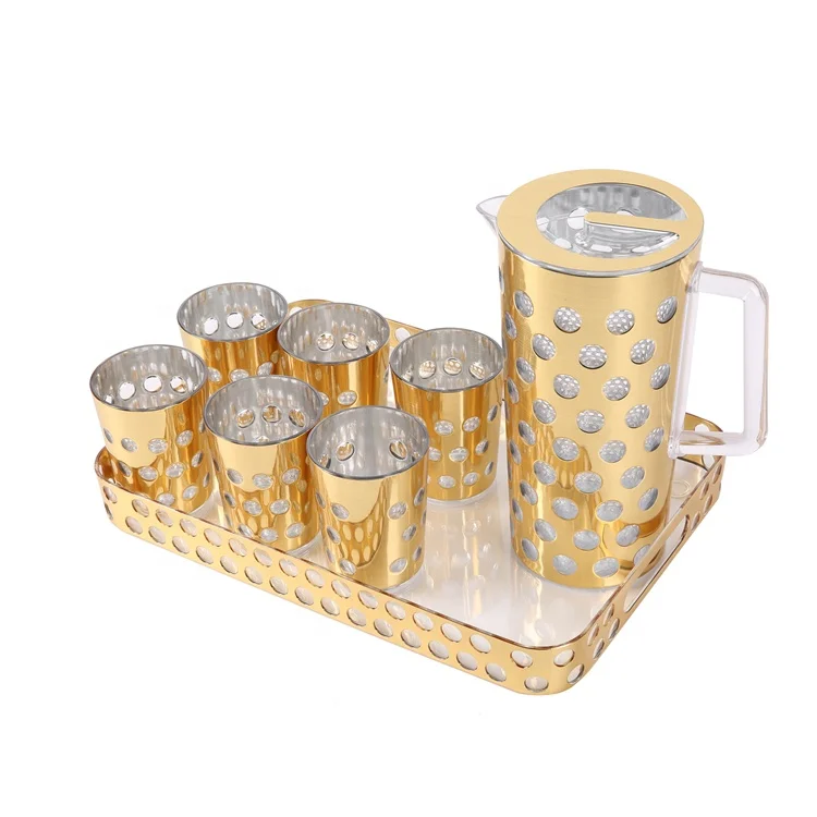 

Hot Sale Fashion Circle Gold Color Plastic Water Jug Household PS Plastic Water Jug With Cup And Tray