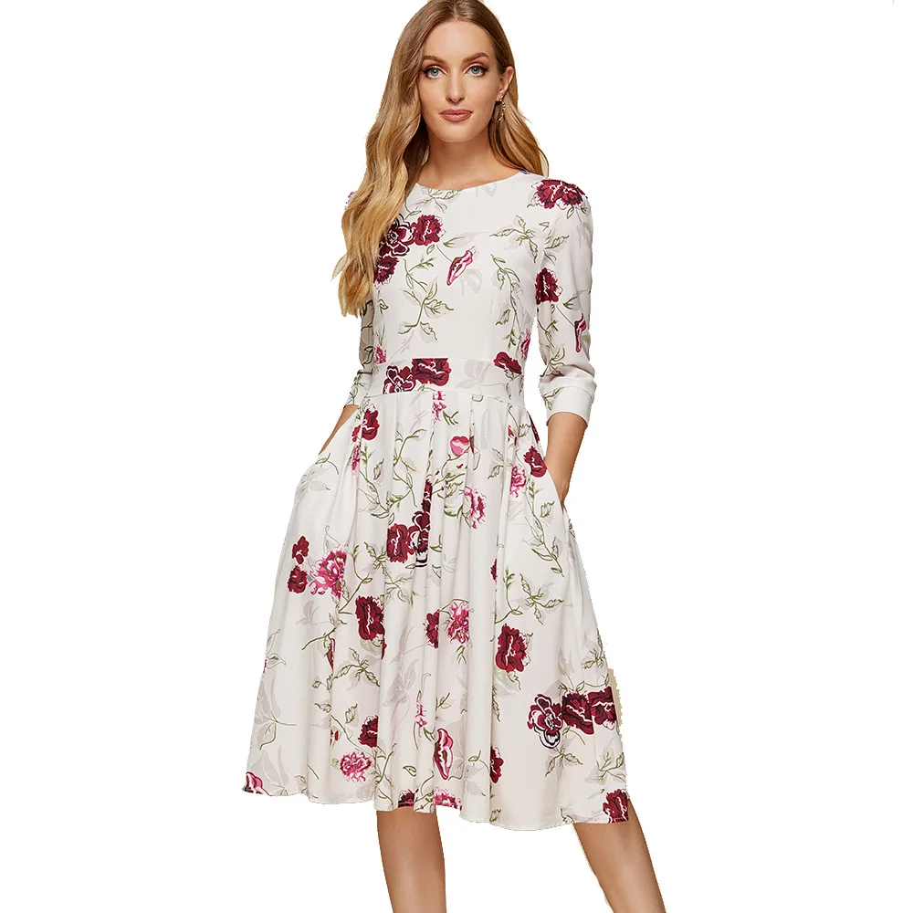 

Wholesale Women Elegant A-line Dress Vintage printed party apparel Three Quarter Sleeve women Slim Autumn Winter Dress