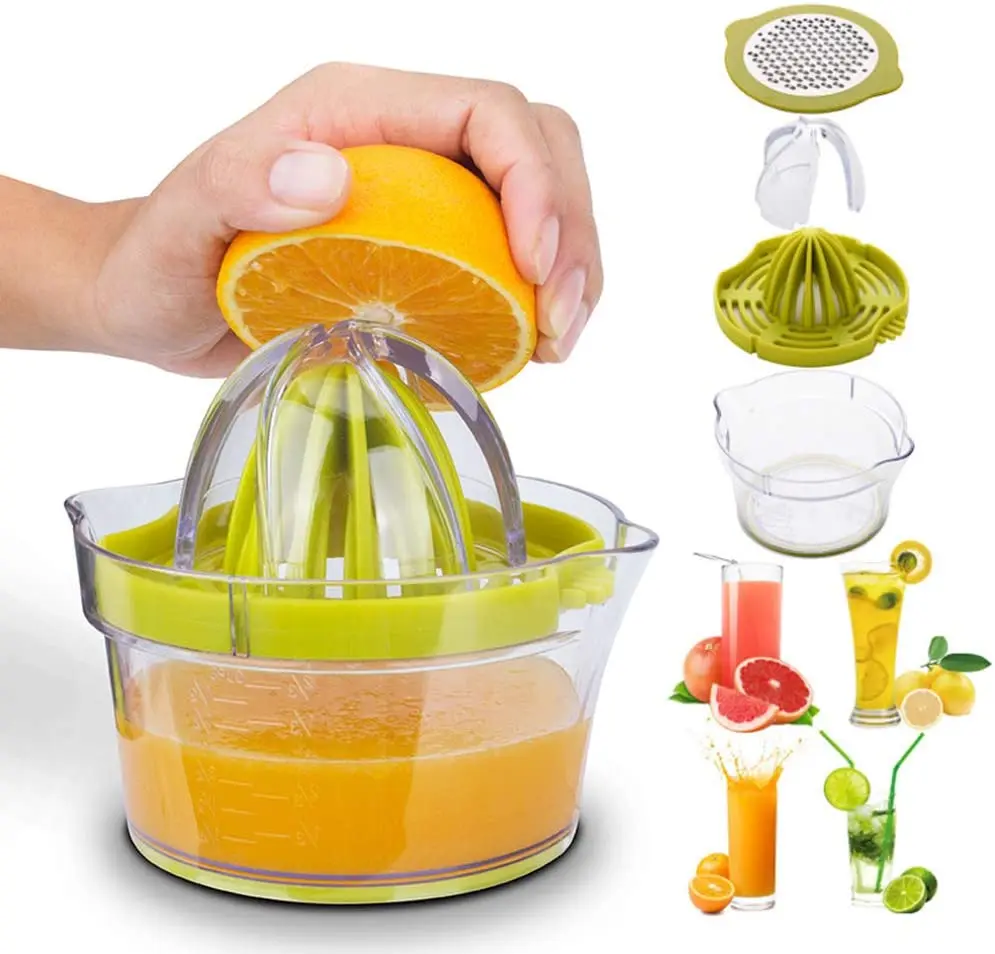 

3 in 1 Vegetable Fruit Grater with Built-in Measuring Cup Manual Citrus Orange Juicer Plastic Lemon Squeezer, Green