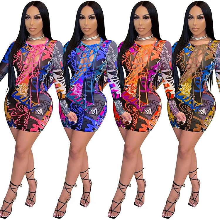 

Women Long Sleeve Hollow Out Sexy Dresses Club Wear 2021 Lace Up Fashion Tight Summer Dress Mini Party Clothing