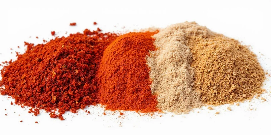 Various dried chilies and spices laid out like a spice lineup card