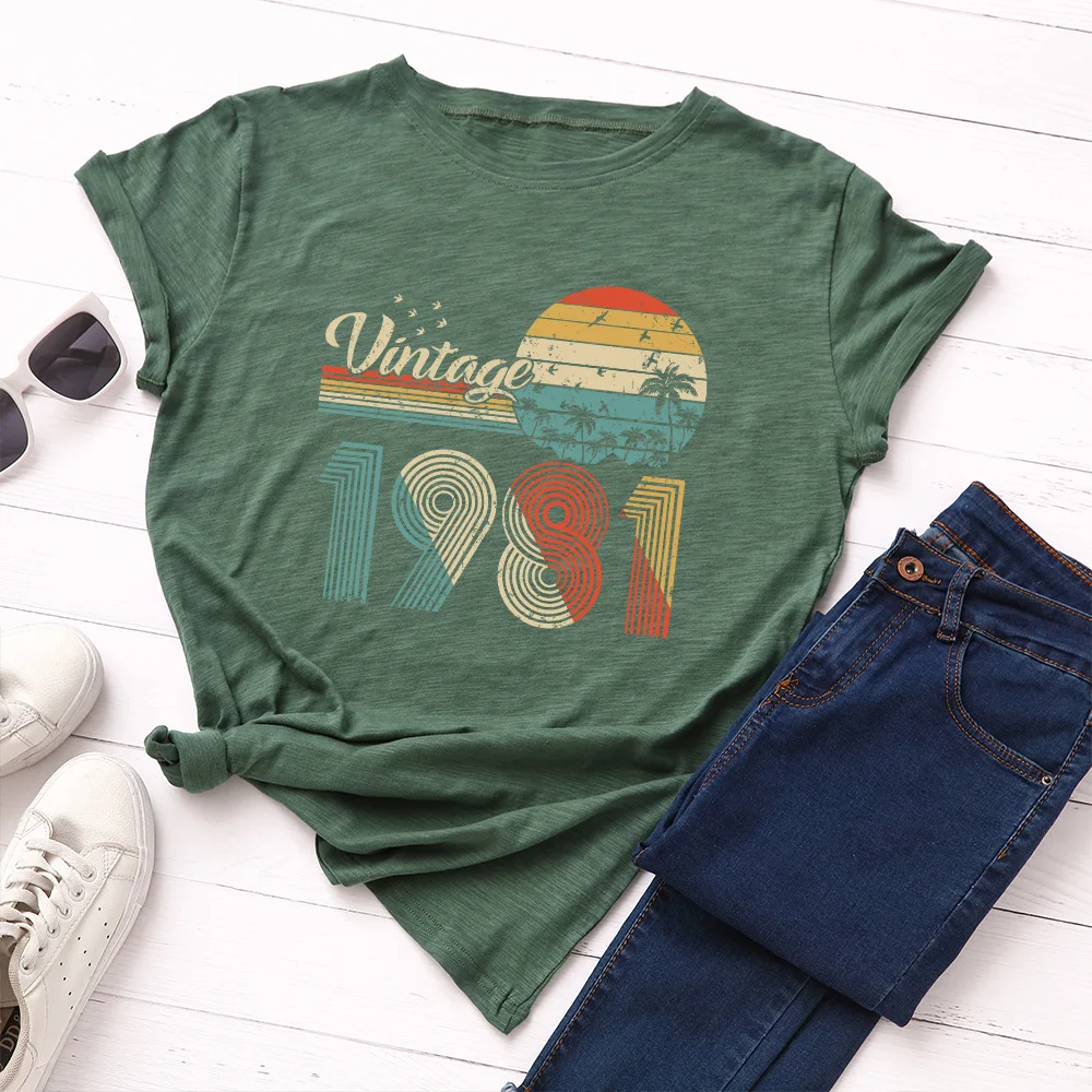 

Vintage 1981 Sun Tree Shirt Birthday Women Short Sleeve Cotton T-shirts Summer Graphic Tee Tops Female Clothes Funny Gift