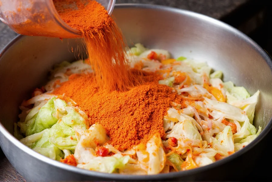Traditional Korean kimchi preparation showing coarse gochugaru being mixed with napa cabbage and other ingredients in a large bowl