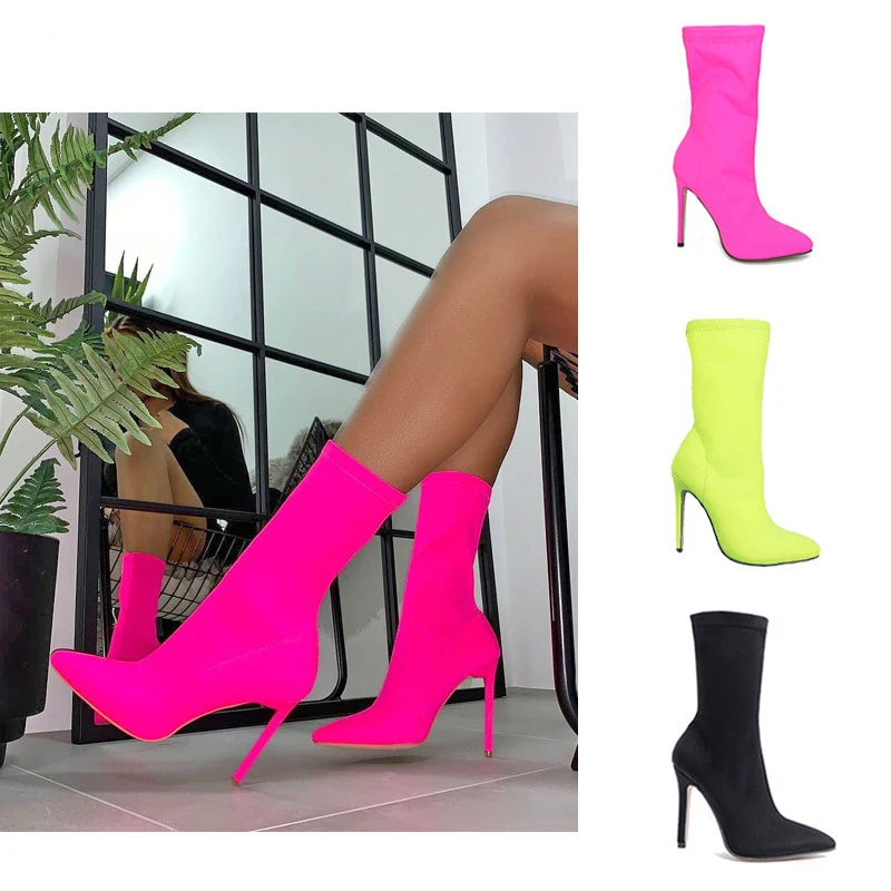 

Women Latest Fall 2021 Plus Size 43 Peach Elastic Slip On Sock Neon Stretch Pointy High Heel Boots Shoes Stiletto Ankle Boot