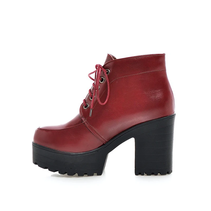 

Waterproof Round Toe Ankle Boots High Heel Black Red Lace-up Chunky Platform Winter Shoes, Black/white/blue/red