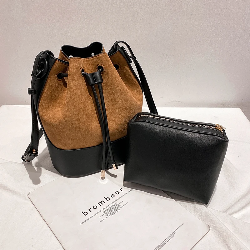 

latest korean style new ladies bucket hand bag set matching purse luxury bucket shape leather women crossbody shoulder bag set