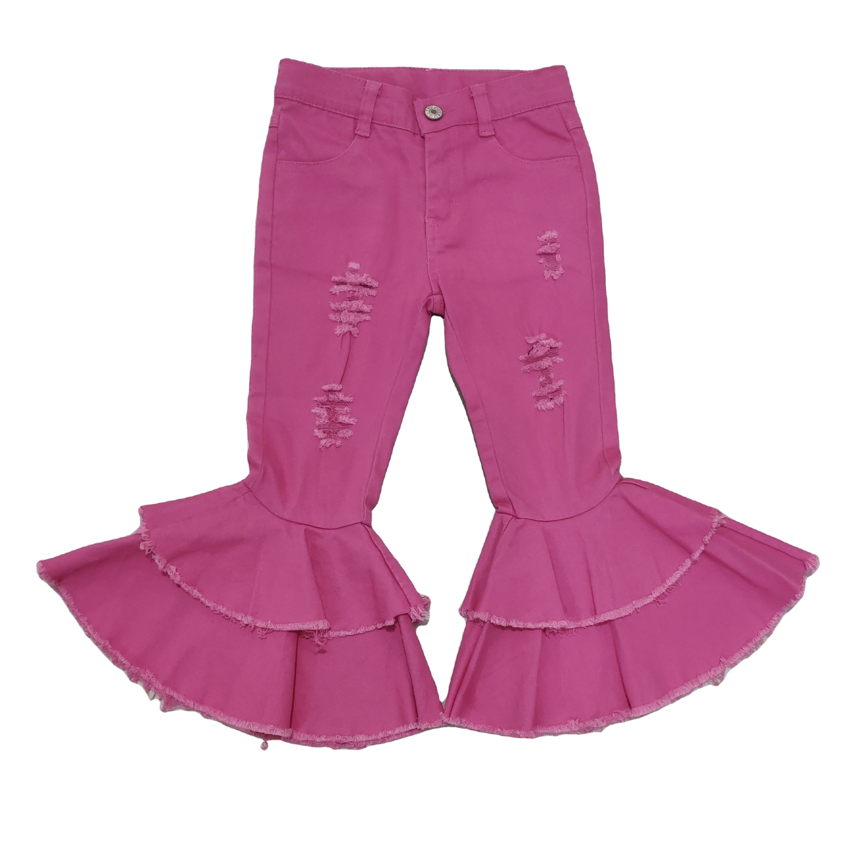 
Kids denim wide leg flare bell bottom pants girls boutique solid color pants wholesale elastic fabric 