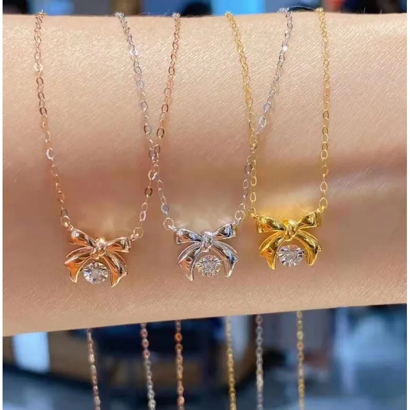 

Luxury Fashion Pure Real 18K Gold Clover Diamond Pendant Necklace Jewelry Women Ladies Female Bridal Engagement Wedding Necklace