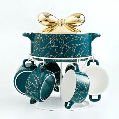 

Creative bow-knot soup pot marbled gold-painted tableware set, Pink,green,white,black