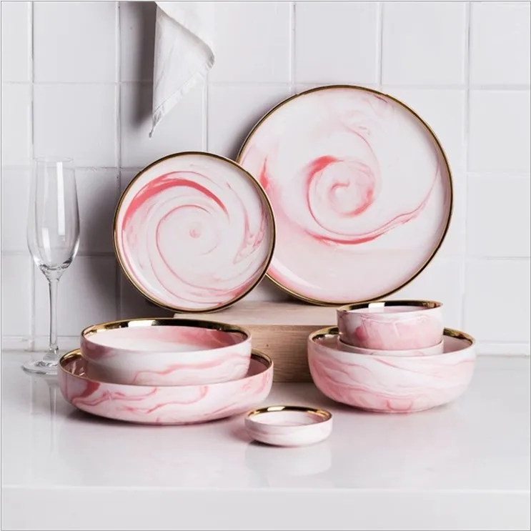 

Home Tableware ECO Friendly Nonstick Dish Rice Salad Noodles Bowl Soup Plates Dinnerware Ceramic Dinner Plate Sets, Marble pink,grey