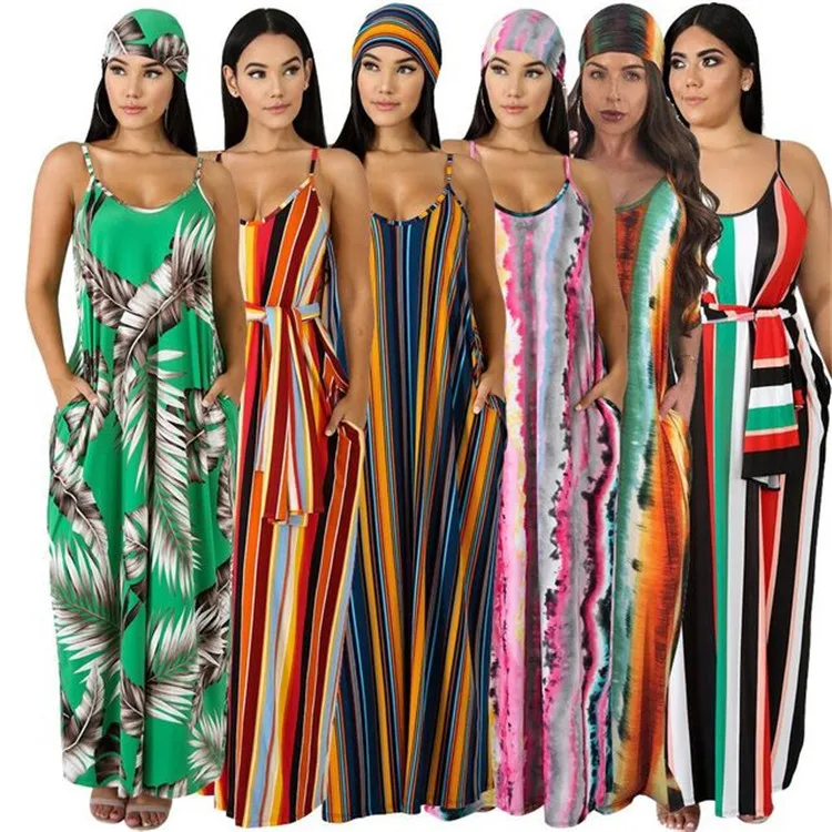 

LF-499 Women Plus Size Clothes Floral Striped Casual Summer Dresses Ladies Women Sleeveless Boho Beach Maxi Dresses Women, 7 colors