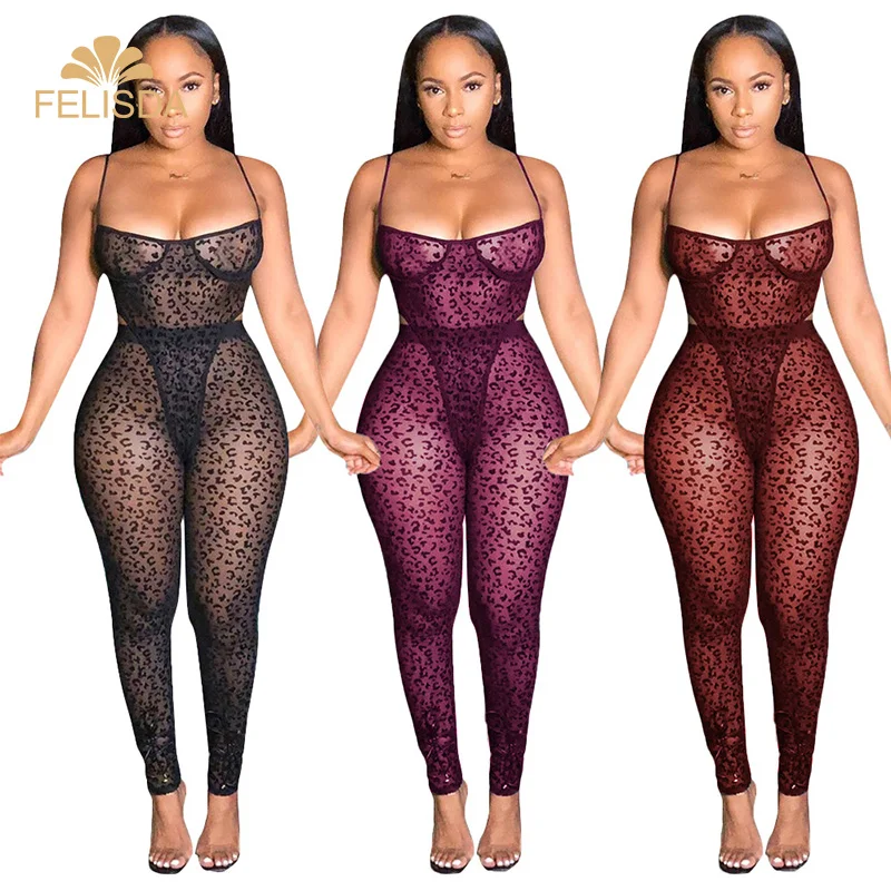 

Latest Design Plus Size Mesh Leopard Perspective Two 2 Piece Set Women Jumpsuit Bodycon Sleeveless Ladies Sexy Black Jumpsuit