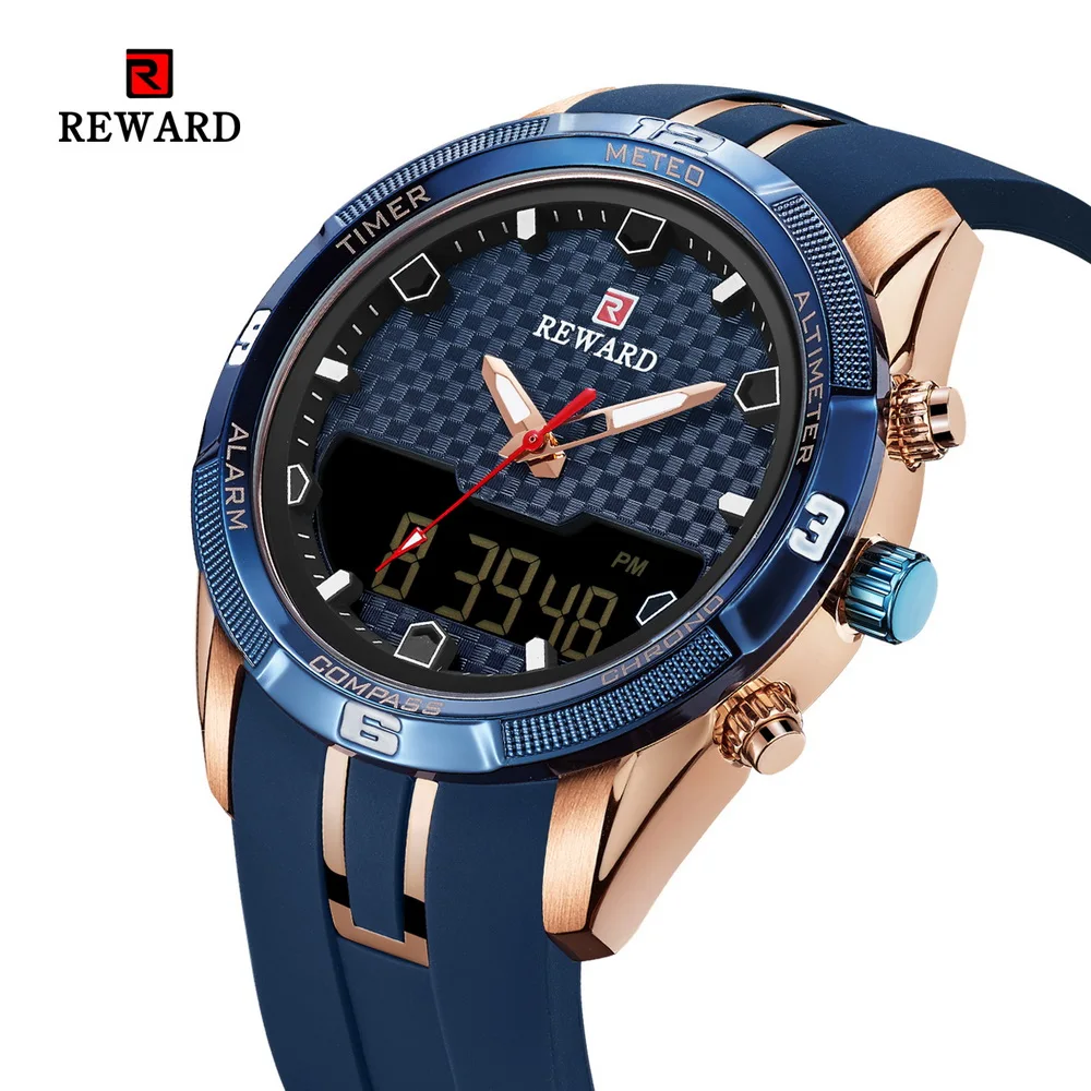 

REWARD Men's Watches Silicone Double Movement Digital Electronic Watch Men Sports Waterproof LED Quartz watch