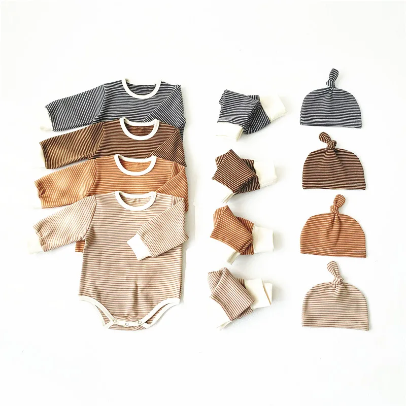 

Hot sale 100% cotton 3 piece set striped top ruffle pants and hat newborn baby boy girls clothes set, Customized