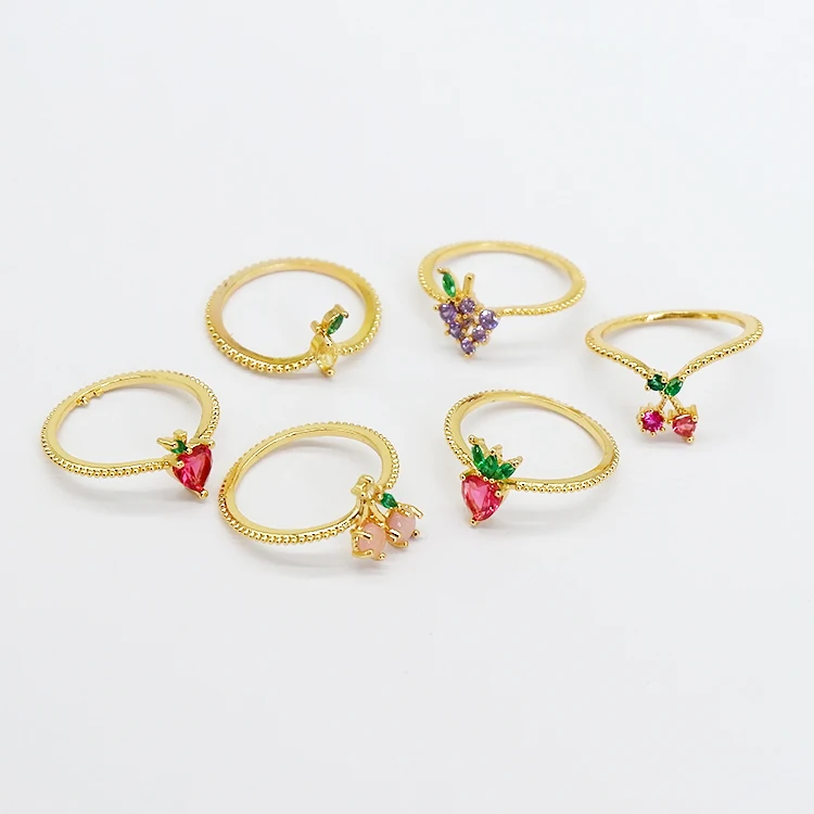 

Diamond cute fruit cherry grape apple strawberry lemon yellow gold gemstone plated rings