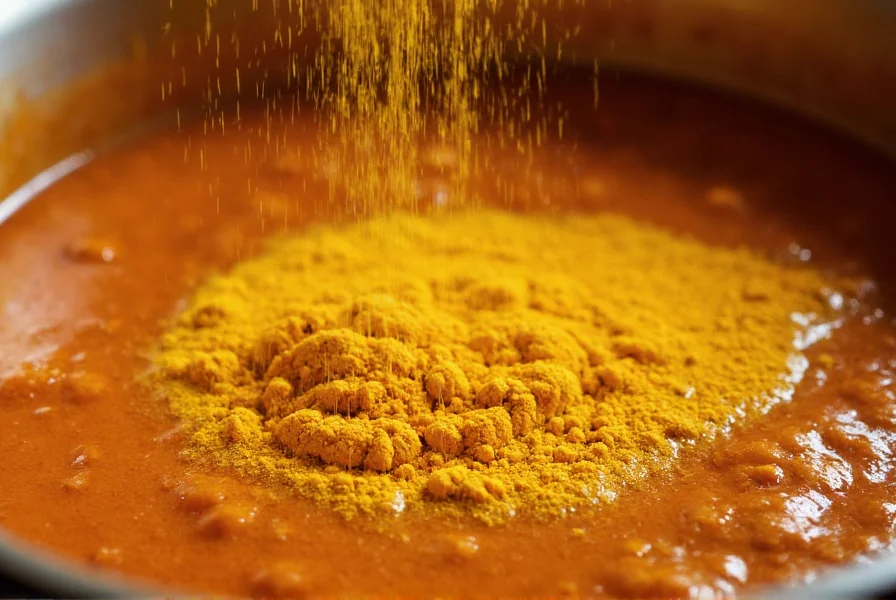Turmeric powder being sprinkled into a traditional Indian curry preparation