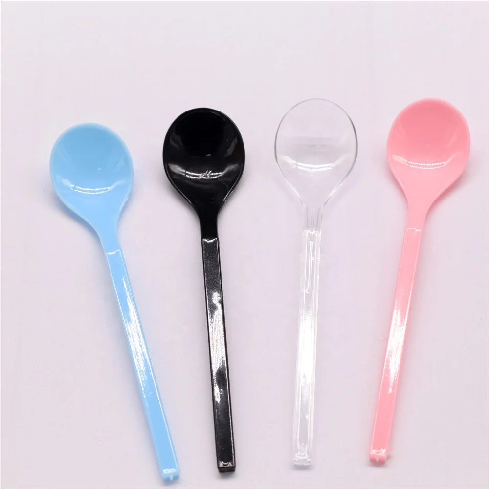 

Disposable PS plastic round head long handle spoon spoon custom plastic cutlery, Pink bule clear black