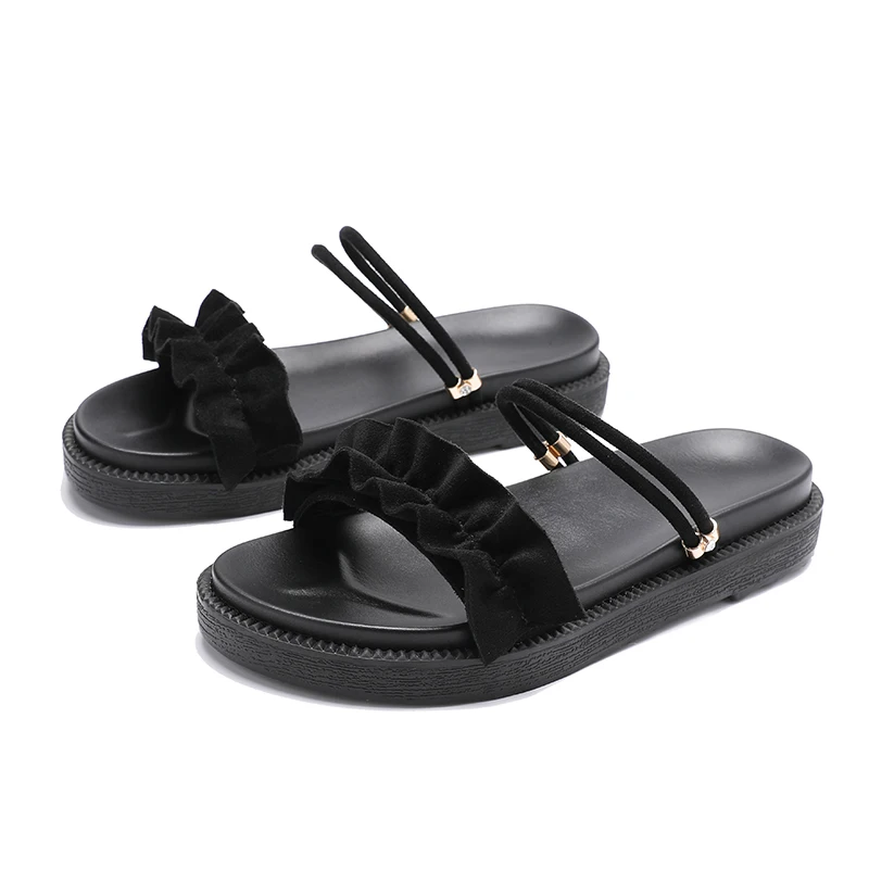 

2021 summer new style adjustable fashion black beige soft ruffle thick sole sandals slipper shoes for women and ladies