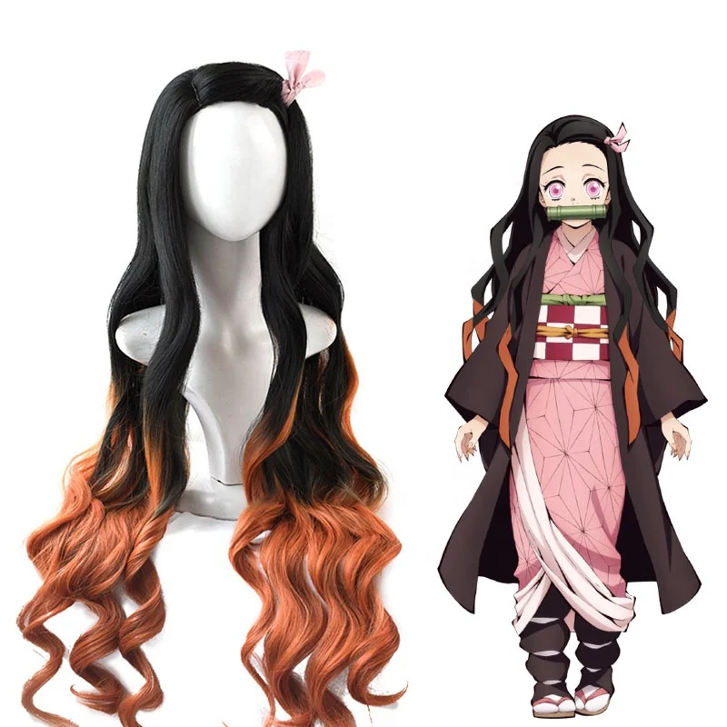 

Wholesale 95cm Long Wave Black&Dark Orange Mixed Demon Slayer Anime Kamado Nezuko Wig Cosplay Synthetic Hair Peluca