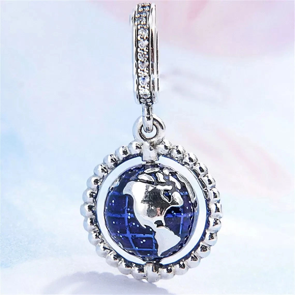 

100% 925 Sterling Silver Spinning Globe Pendant & Blue Enamel Charm Bead Fits European Style Jewelry Charm Bracelets
