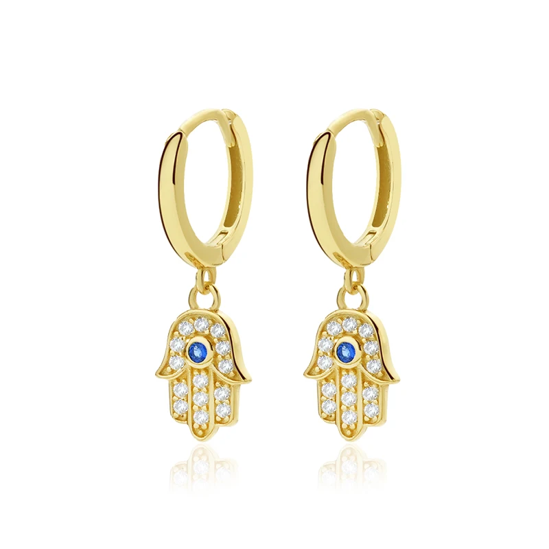 

Turkish Trending Earrings 925 Silver Gold Plated Zircon Dangle Fatima Hand Hamsa Earrings for women