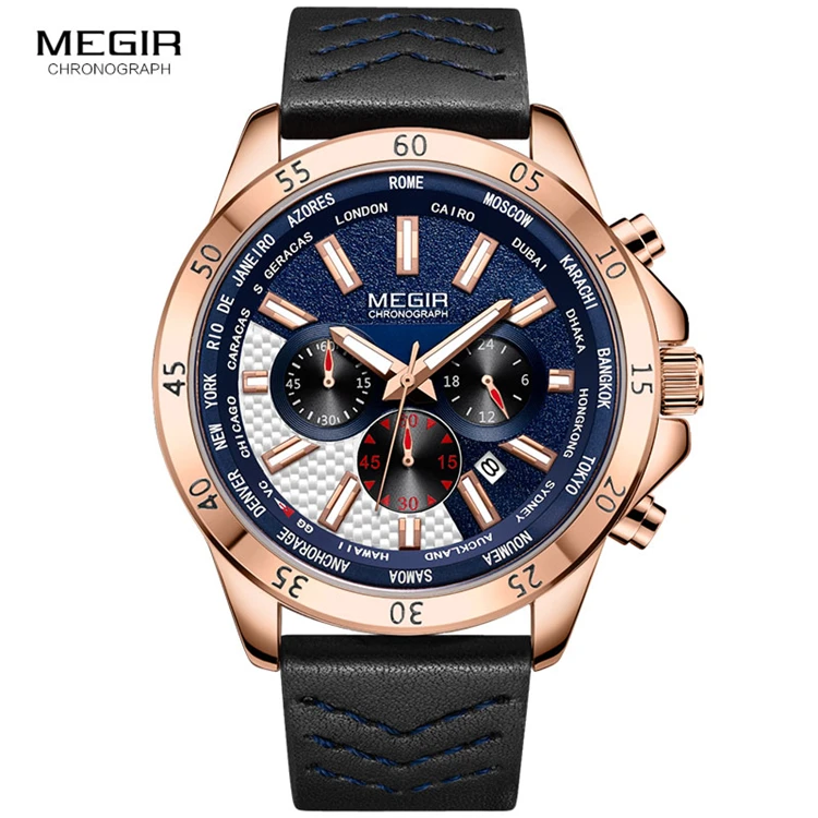 

MEGIR 2103 Military Sports Quartz Watches for Men Waterproof Luminous Chronograph Wristwatch Man Rose blue