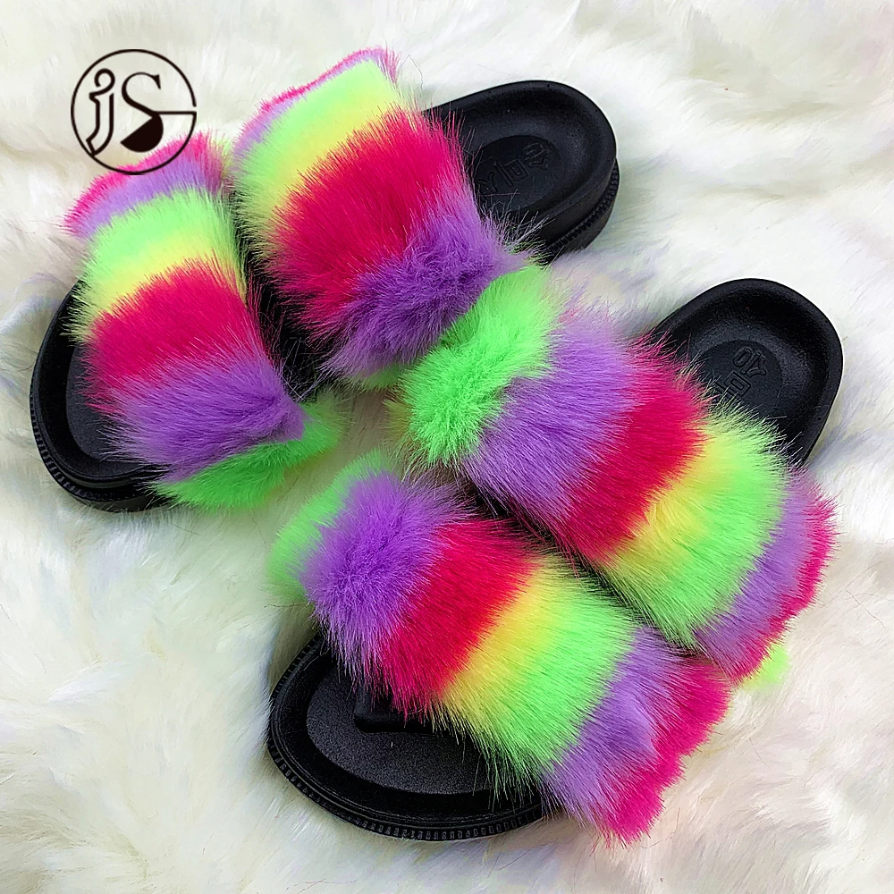 

2021 Hot Sales Exquisite Factory Direct Wholesale Double Band design Women Fur Slippers Big Fluffy Furry Sandals, Picture