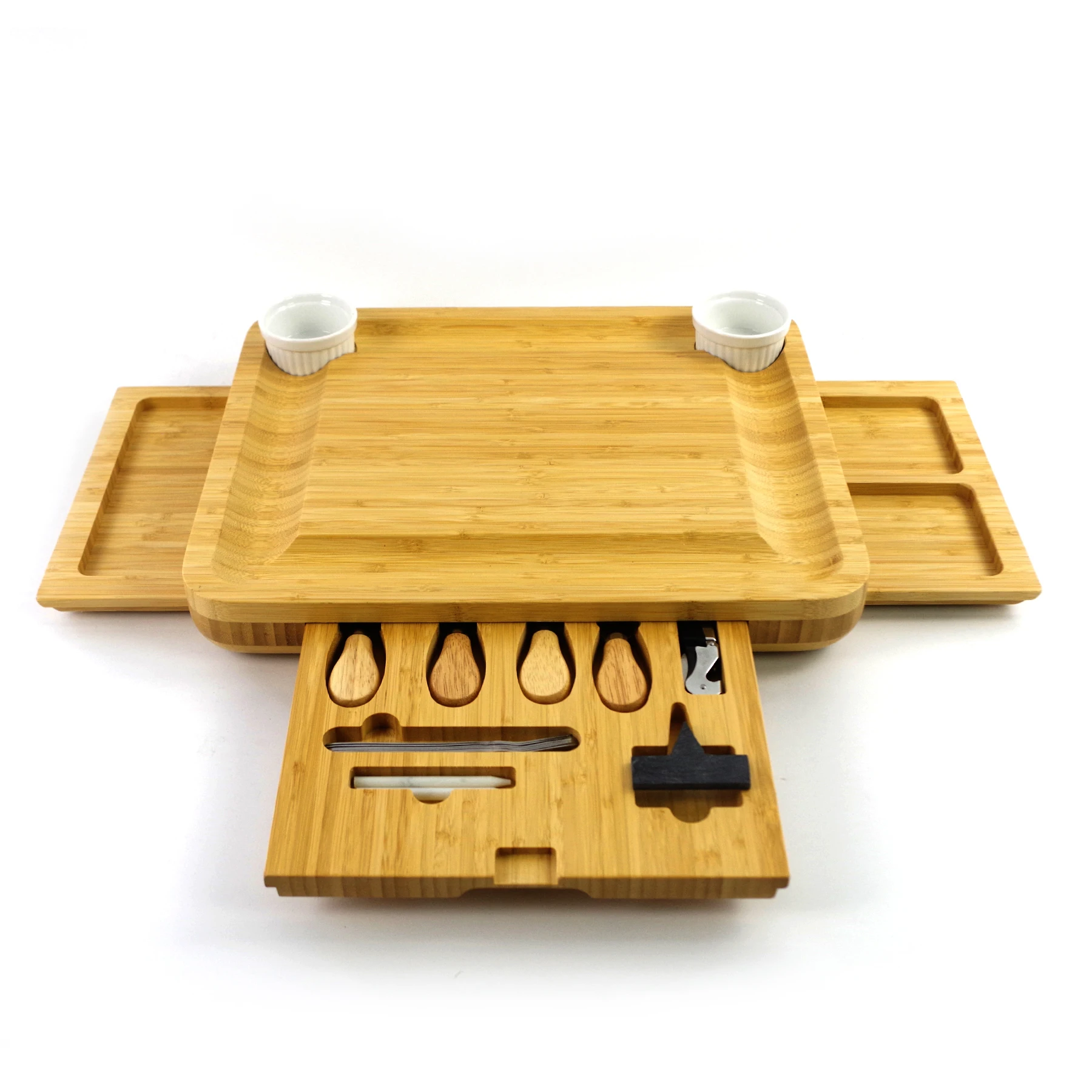 

Unique Bamboo Cheese Board with 4 Cutlery Set , Wooden Charcuterie Board Food Platter and Serving Tray Board, Natural