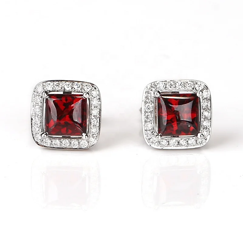 

New design, 5x5mm Garnet & Diamond Earrings 18-carat platinum Dainty Gift, Gift Wedding Gift,2.2g, Red