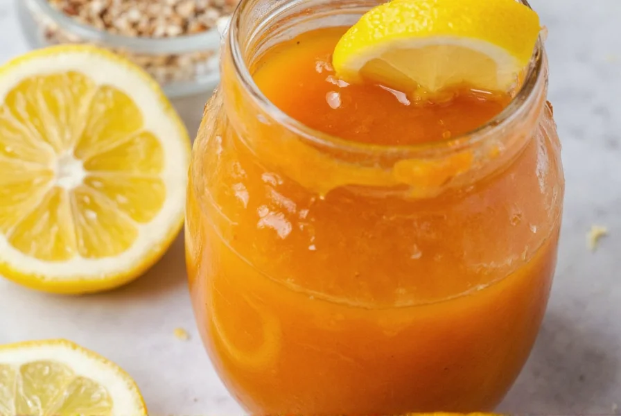 Close-up of homemade wet lemon pepper sauce in glass jar with lemon slices and cracked pepper