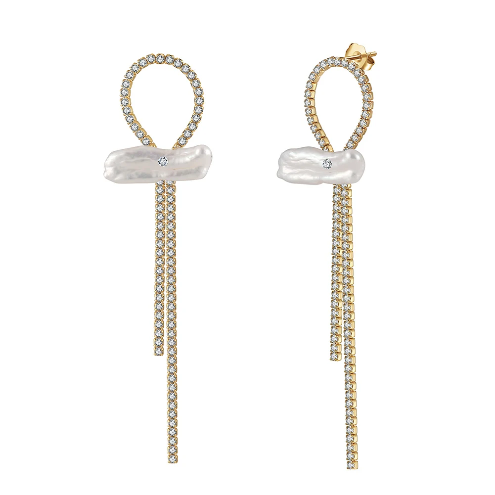 GPE92 RINNTIN Unique Design Pearl Tassel Earrings 925 Sterling Silver 14K Gold Plated Cultured Freshwater Pearl Bow Earrings