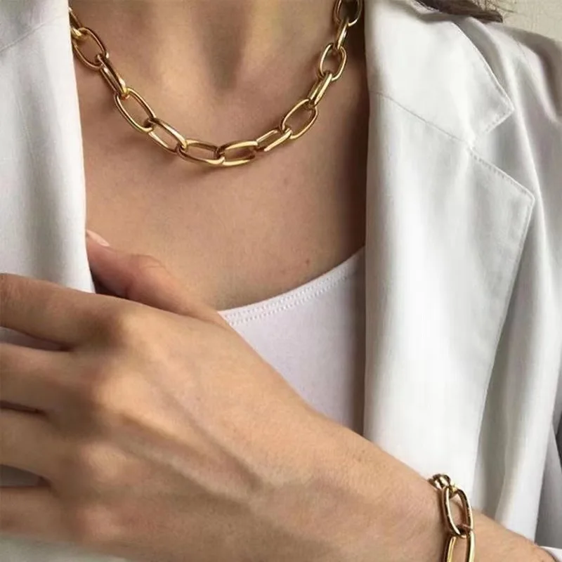

Amazon hot selling High Quality 18K Gold Plated Stainless Steel Link Chain Necklace Bracelet Trendy Statement Jewelry