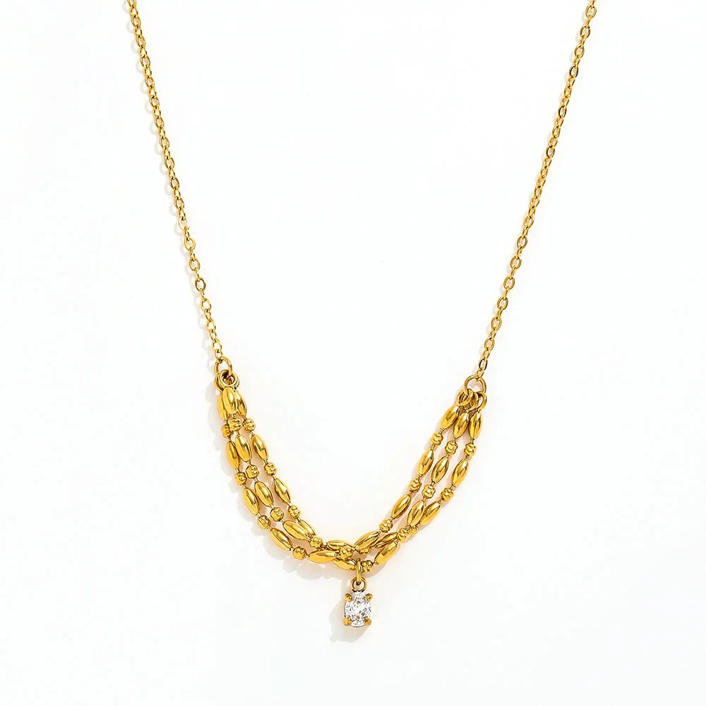JOOLIM 18k PVD Gold Plated Smile Oval Beads Rope Zirconia Pendant Necklace Stainless Steel Jewelry