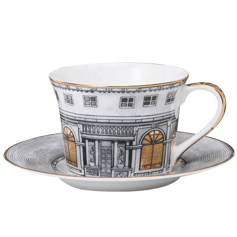

Grey castle coffee mug hand paint gold rim cup sets espresso cup and saucer Phnom Penh Cup and Dish of Urban Architecture