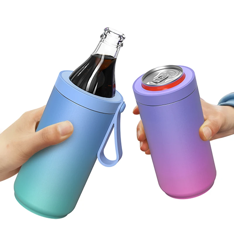 

Sublimation 4 in 1 Double Wall Slim Stainless Steel Can Cooler Thermos Portable Can Cooler With Handle For Beer Bottle 12oz, Customized colors acceptable