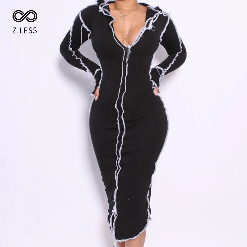 

Z.LESS 2021 Trendy Ribbed Knitted Patchwork Women Tight Dress Long Sleeve V Neck Slit Bodycon Sexy Streetwear Club Casual Suit, Customized color