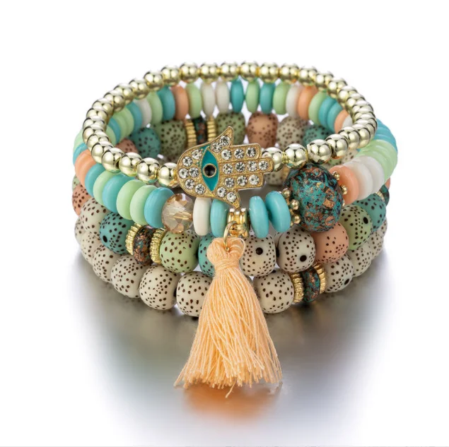

Bohemian folk style fashion glasses natural stone Buddha hand turquoise tassel beaded hand bracelet
