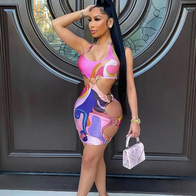 

FS4007A Summer New Arrival Print Backless Skinny Dresses Fashion Women Streetwear Outfits